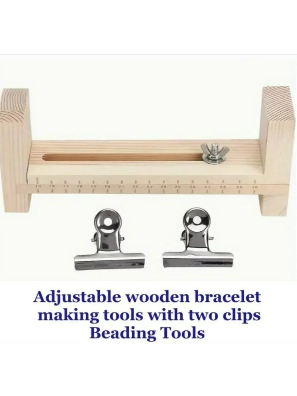 Adjustable Wooden Bracelet Making Tool with Two Clips.